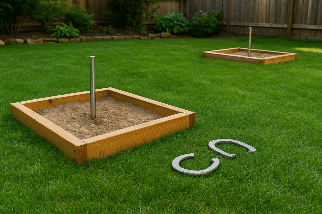 A modern backyard horseshoe court with wooden framed pits and new stainless steel stakes, set up for a casual afternoon game