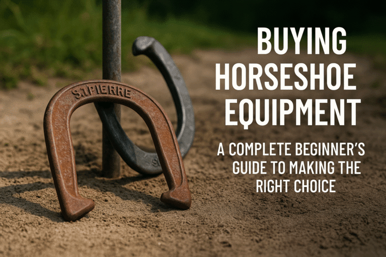 A close-up view of two horseshoes and a stake on a sandy horseshoe court, with the title "Buying Horseshoe Equipment: A Complete Beginner’s Guide to Making the Right Choice" displayed clearly.