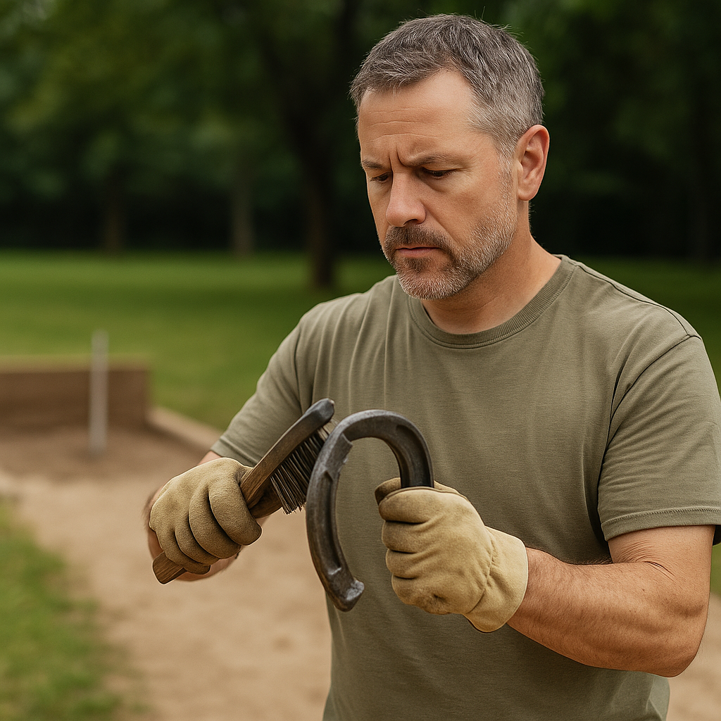 A middle-aged man with short gray hair uses a wire brush to clean a rusted horseshoe beside a sandy court, wearing tan gloves and an olive T-shirt in a green outdoor setting