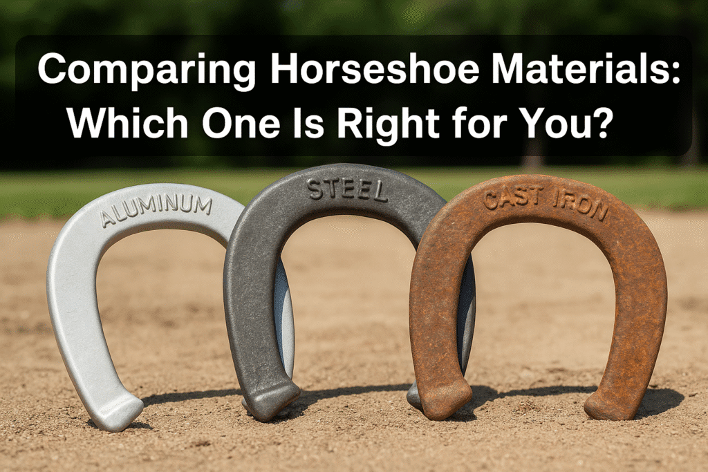 Three labeled horseshoes made of aluminum, steel, and cast iron rest upright on sandy ground, with the title "Comparing Horseshoe Materials: Which One Is Right for You?" overlaid above a soft-focus green park background