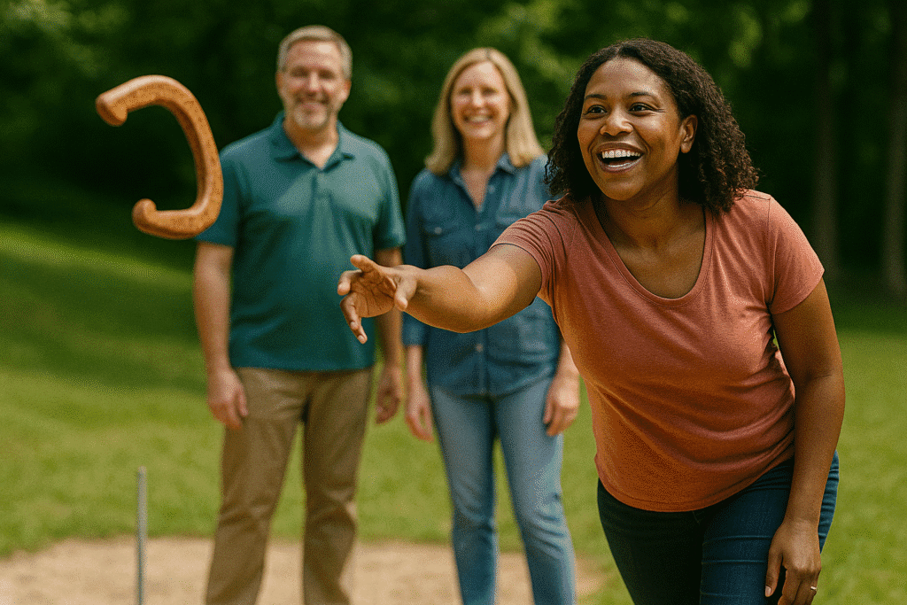 A joyful African-American woman throws a horseshoe in a sunny park while two friends watch and smile in the background, enjoying a casual outdoor game