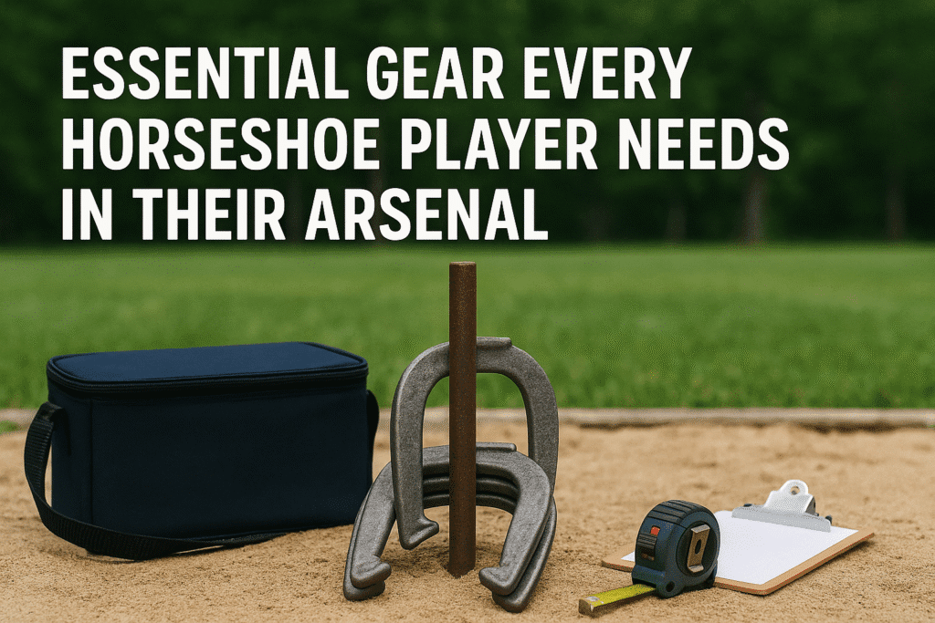 A sandy horseshoe court with stacked horseshoes, a navy gear bag, measuring tape, and clipboard in the foreground, with the text “Essential Gear Every Horseshoe Player Needs in Their Arsenal” overlaid above a grassy backdrop