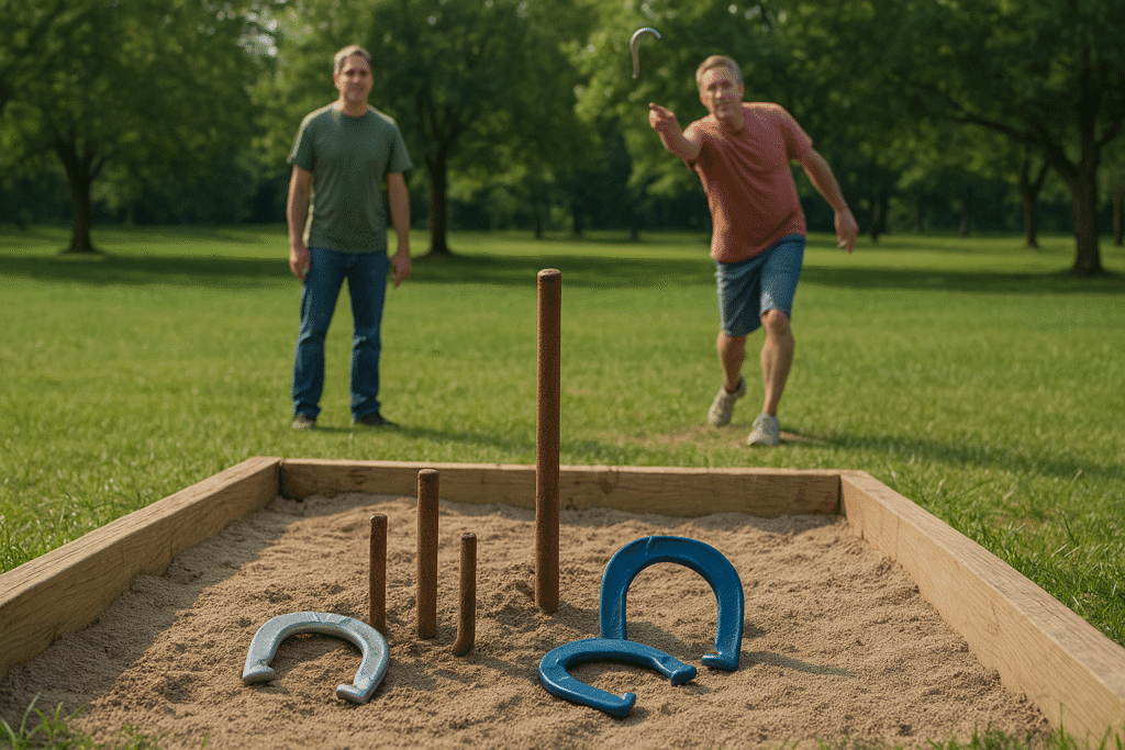 A relaxed outdoor scene featuring two light-skinned players competing in a casual horseshoe match, with green grass, a wooden pit, and metal horseshoes visible in the foreground and soft trees in the background.