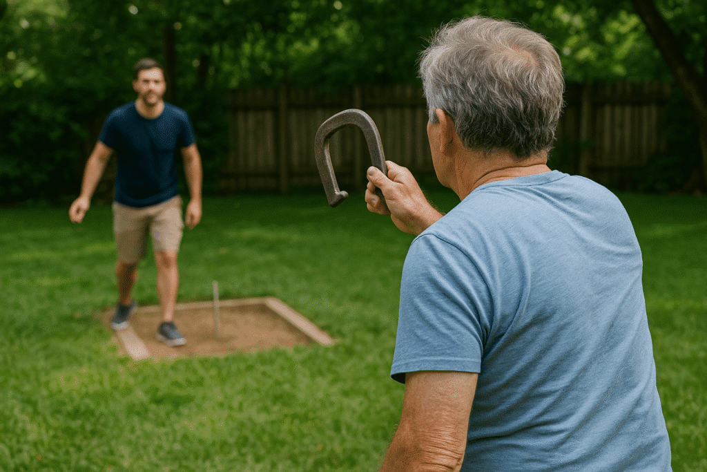 Two men smiling and competing in a friendly horseshoe match in a sunny backyard, with one preparing to pitch a horseshoe
