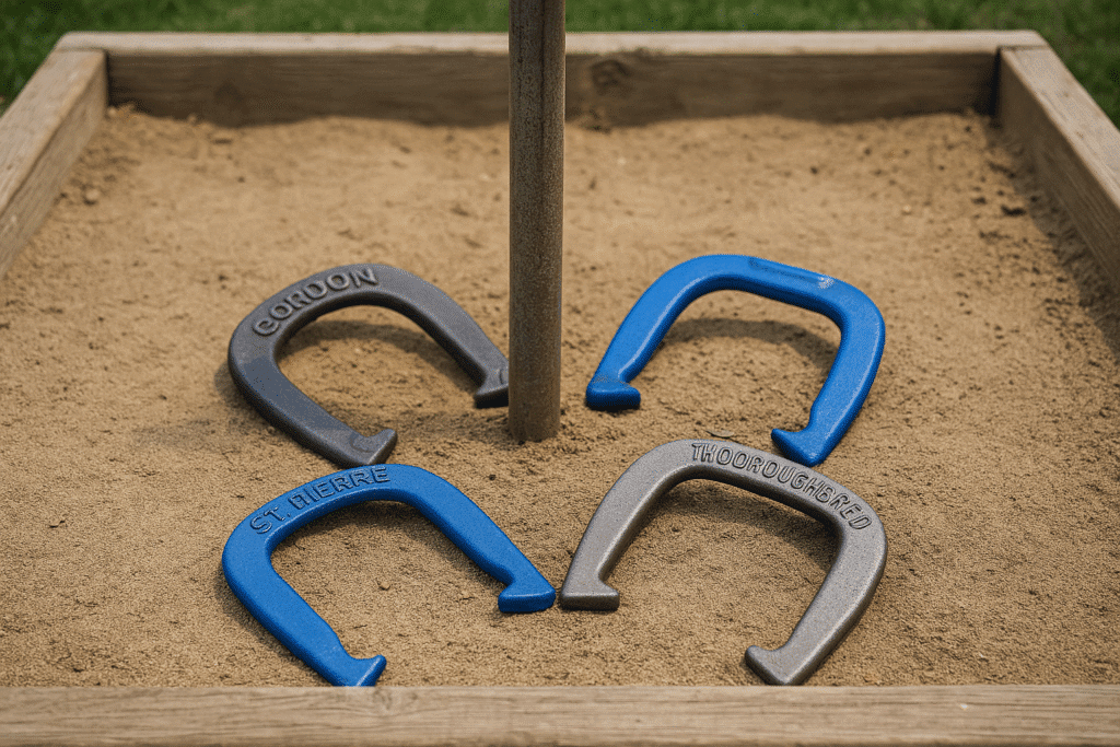 Four distinct horseshoes—Gordon, St. Pierre, Mustang, and Thoroughbred—rest neatly around a centered stake in a sand pit, each shoe showcasing different shapes, finishes, and branding under even natural light