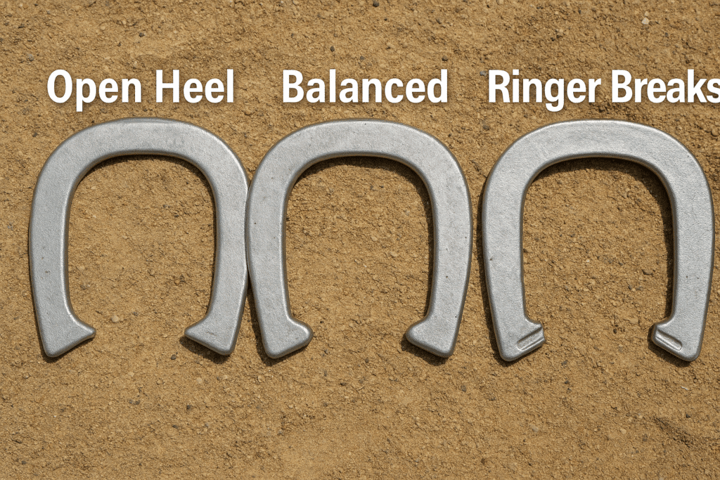 Three silver-gray horseshoes with distinct labels—Open Heel, Balanced, and Ringer Breaks—are arranged on a sandy surface in a top-down view, showcasing differences in design and edge structure