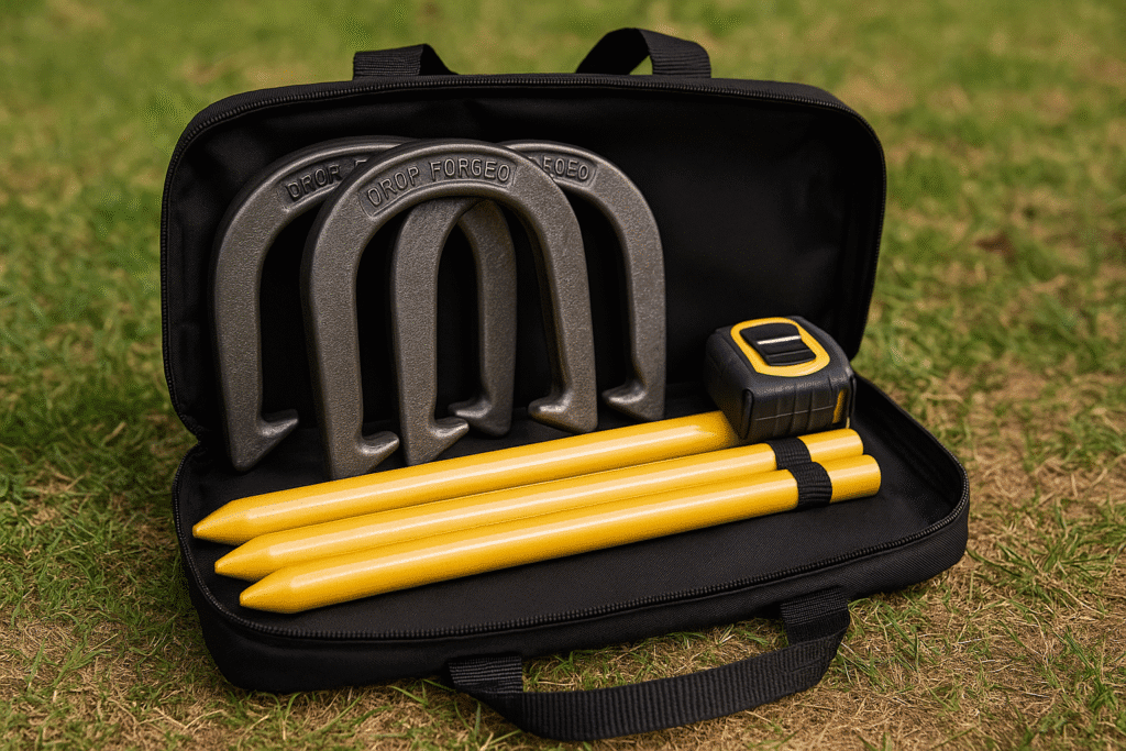 An open black carry case resting on grass displays four forged steel horseshoes, two bright yellow stakes, and a compact tape measure arranged neatly for transport