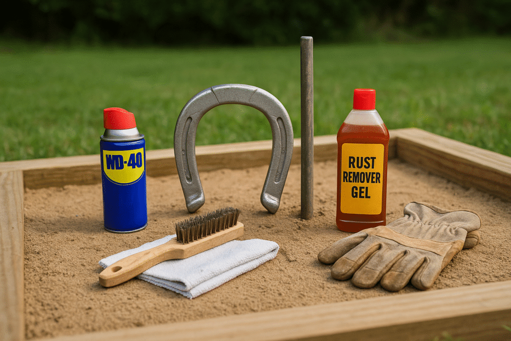 A well-maintained horseshoe stands upright in a sandy pit surrounded by WD-40, rust remover gel, gloves, and a wire brush, all neatly arranged with a wooden court frame in a grassy outdoor area