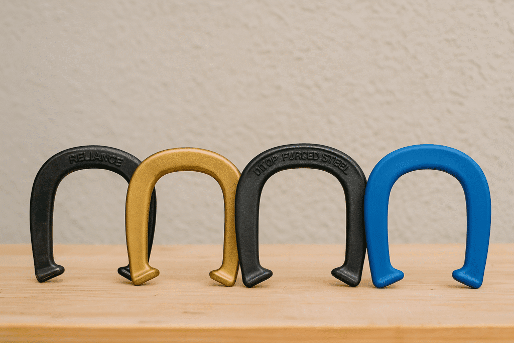 Four different horseshoes—rubber, plastic, forged steel, and gold-toned alloy—lined up on a light wooden surface, showcasing varied materials and finishes against a neutral wall background