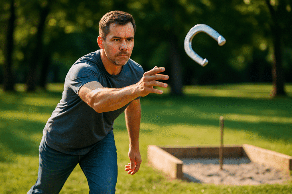 A determined horseshoe player in a park releases a horseshoe during a sunny afternoon game, with the flight captured at just the right moment and the court setup visible in the background