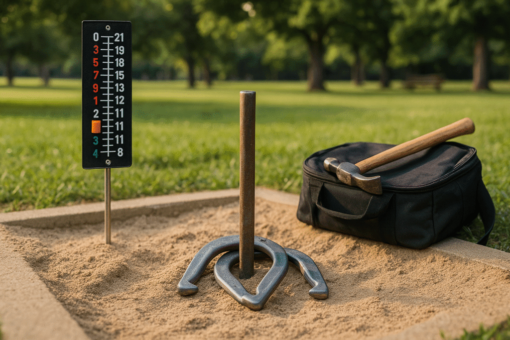 A regulation horseshoe pit with a manual scoreboard, two silver horseshoes around the stake, a black tool bag, and a hammer under warm sunlight in a green park