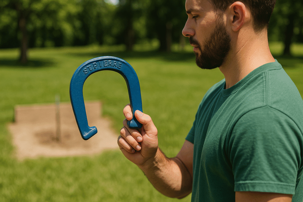 A man in a green T-shirt examines a blue St. Pierre horseshoe mid-game, standing near a sand pit surrounded by grass and trees under bright daylight