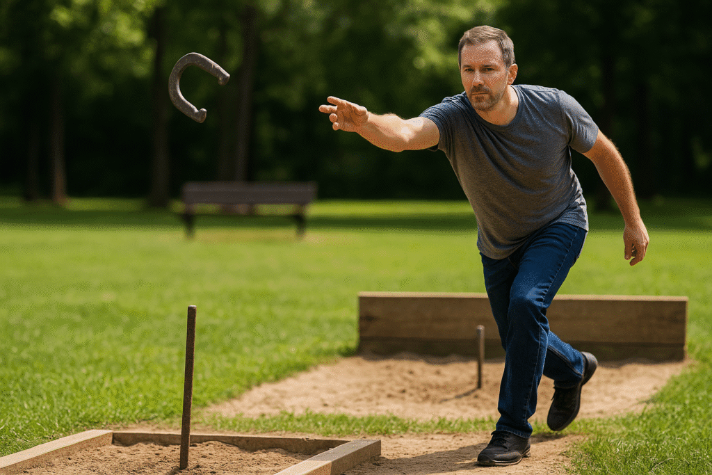 A middle-aged man in a gray t-shirt pitches a horseshoe on a sunny day, with the shoe mid-flight and a wooden stake in the background, demonstrating focus and proper form in a green park setting