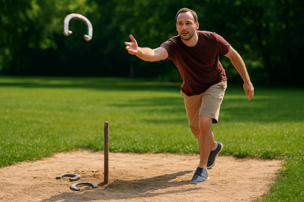 focused man in his 30s mid-throw, releasing a steel horseshoe toward a stake during a competitive horseshoe game in a sunlit park with lush green surroundings.