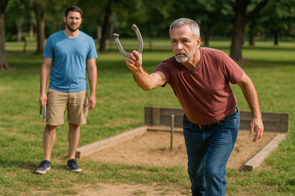 Two light-skinned men play a game of horseshoes in a green park; one mid-throw in a red shirt and jeans, while the other observes holding horseshoes, with a wooden court and stake in view