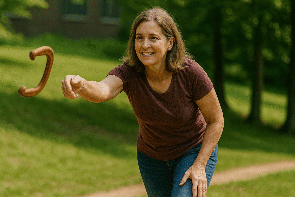 A middle-aged woman smiling and mid-throw during a game of horseshoes in a sunny park, wearing a burgundy shirt and jeans.