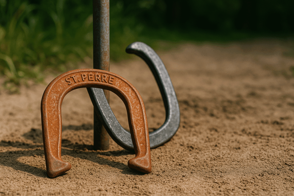 A close-up of two horseshoes leaning against a rusted metal stake on a sandy horseshoe court, surrounded by blurred greenery in the background.