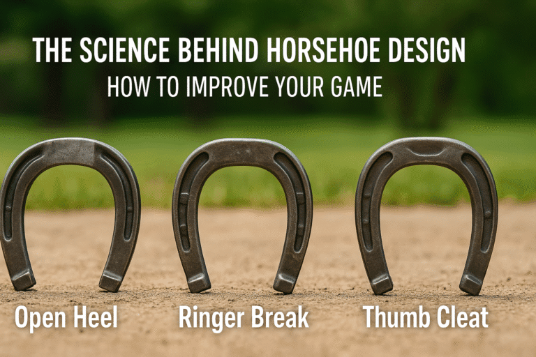 Three labeled horseshoes—Open Heel, Ringer Break, and Thumb Cleat—stand upright on sandy ground, highlighting key design differences under clear daylight with a soft-focus park background