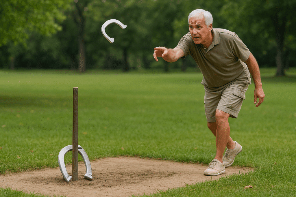 An elderly man with white hair wearing a polo and shorts releases a horseshoe toward a stake during a game on a trimmed lawn in a wooded park, capturing a moment of focus and motion
