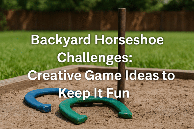 A digital photograph with the title "Backyard Horseshoe Challenges: Creative Game Ideas to Keep It Fun" overlaid on a background of a grassy backyard horseshoe pit.