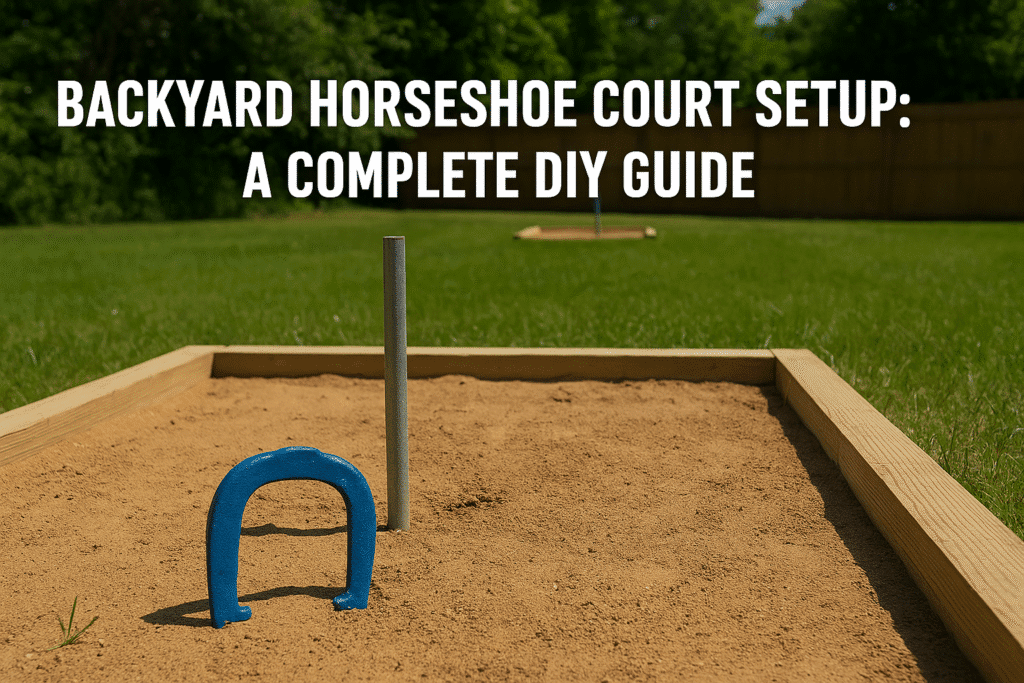 A digital image with the title "Backyard Horseshoe Court Setup: A Complete DIY Guide" displayed above a sunny backyard horseshoe pit with wooden borders and a blue horseshoe near the stake