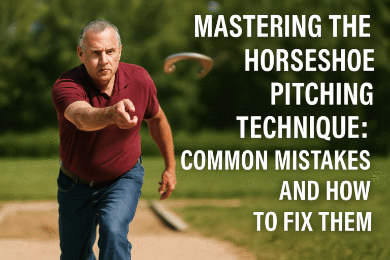 Featured image with the title "Mastering The Horseshoe Pitching Technique" showing a player preparing to pitch in a backyard horseshoe setup