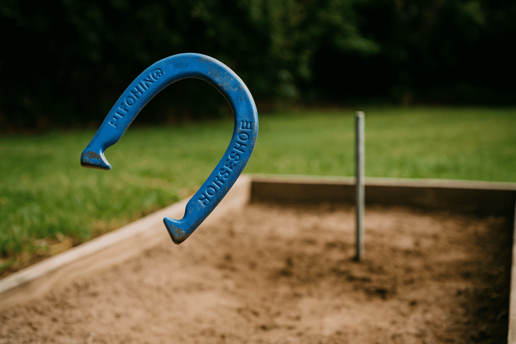 A vivid blue horseshoe caught mid-flight toward a metal stake in a sand-filled backyard pit, with a lush green lawn and wooden frame in the background.