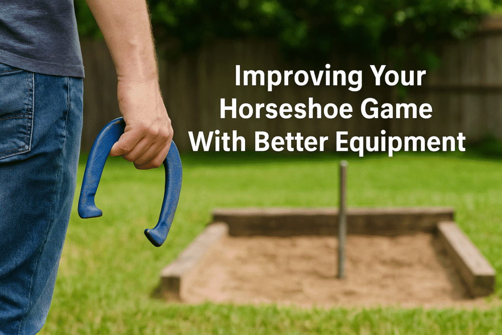 A close-up of a man’s hand holding a blue horseshoe near a backyard pit, with the phrase "Improving Your Horseshoe Game With Better Equipment" appearing beside the scene