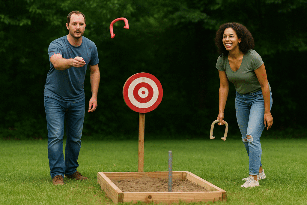 A photograph taken during what appears to be late afternoon showing two older adults laughing while throwing horseshoes
