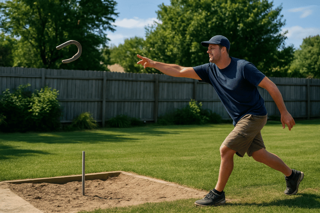 A focused moment of a player in a green shirt aiming for a ringer in a casual horseshoe match