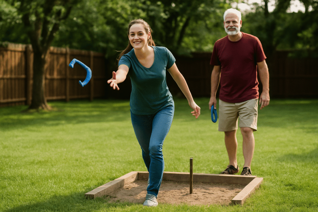A young woman smiles as she throws a blue horseshoe toward the stake in a backyard pit while an older man watches nearby, both enjoying a sunny day surrounded by green grass and a wooden fence.