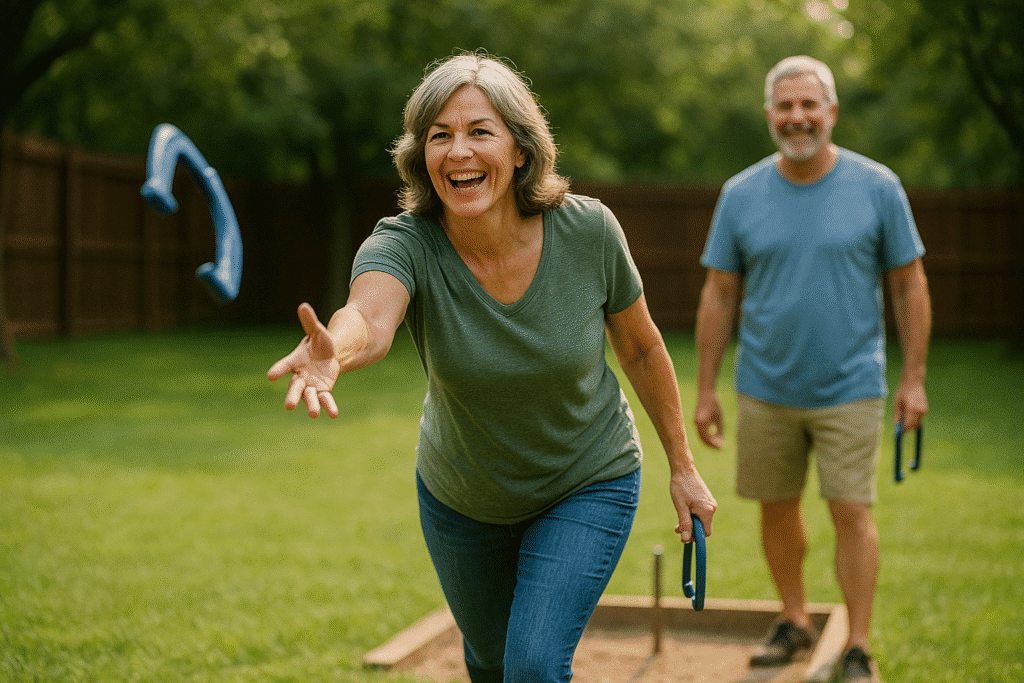 A smiling woman tosses a blue horseshoe during a lively backyard game while a man watches from behind, both enjoying the game in bright afternoon sunlight surrounded by greenery