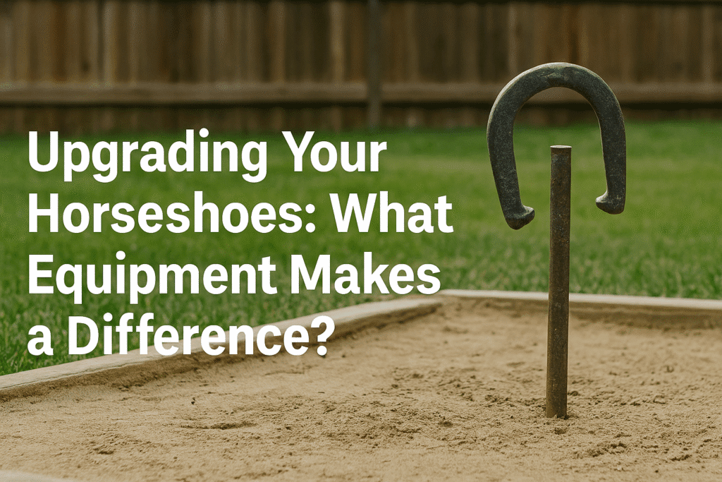 A mid-air horseshoe about to land on a stake in a sandy court with the title “Upgrading Your Horseshoes: What Equipment Makes a Difference?” in bold white text, set against green grass and a wooden fence.