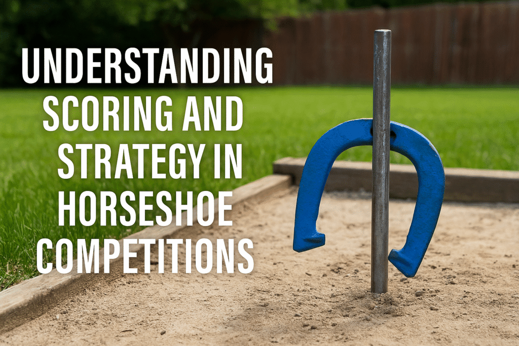 A close-up photo of a horseshoe encircling a metal stake in a sandy backyard pit, with bold white text reading “Understanding Scoring and Strategy in Horseshoe Competitions” layered over a blurred grassy background.