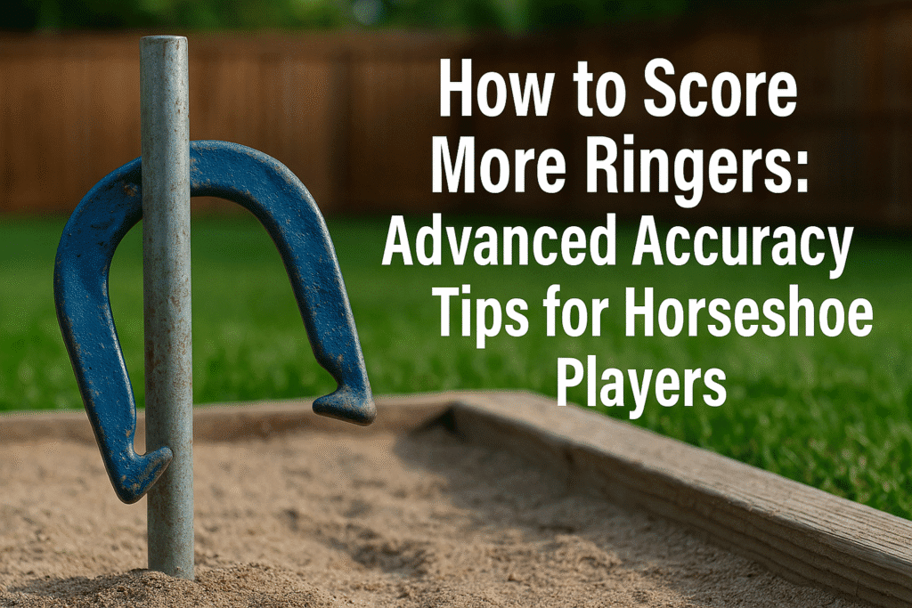 A photo of a blue horseshoe hanging around a metal stake in a sandy pit, with the title “How to Score More Ringers: Advanced Accuracy Tips for Horseshoe Players” displayed in bold white font against a backyard setting.
