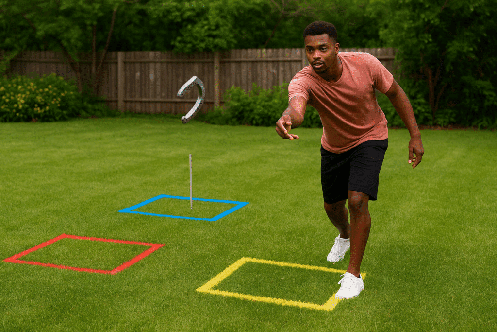 A photograph showcases an African American man and doing a horseshoe challenge