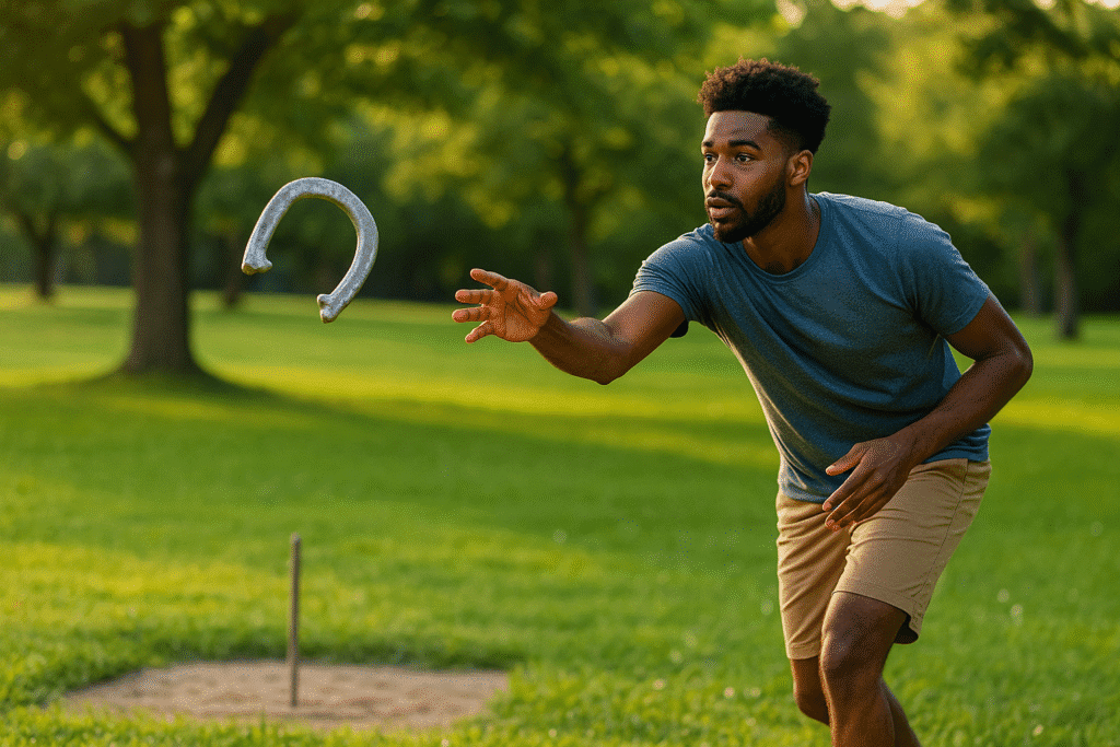A photograph captures black man with a focused look on his face as he aims and throws a horseshoe toward a stake.