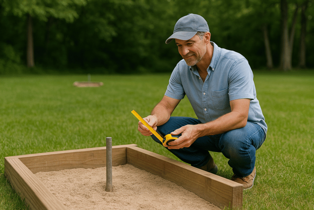 Mark Your Court Layout Use your tape measure to mark out two pit areas exactly 40 feet apart (from front stake to front stake). This is the regulation distance.