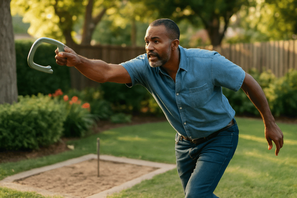 An African American man in mid-pitch, captured during a competitive horseshoe game on a well-maintained outdoor court.