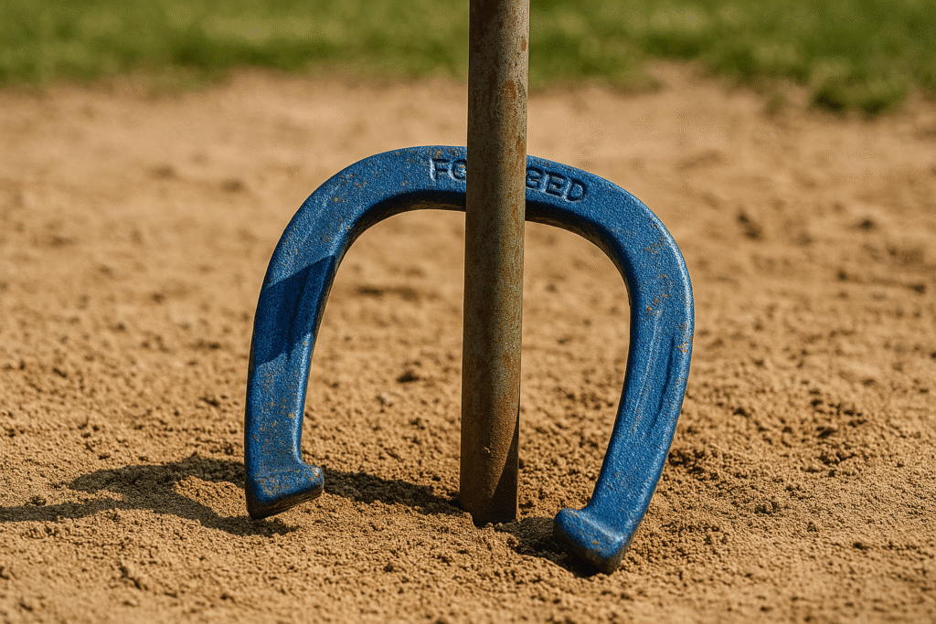 A blue pitching horseshoe successfully wrapped around a metal stake in a sandy pit during a sunny outdoor horseshoe match.