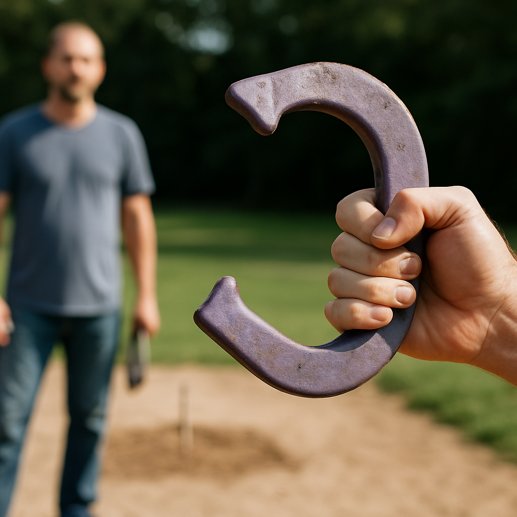 A close-up of a player gripping a purple pitching horseshoe with a second player blurred in the background, ready for the next toss