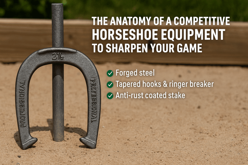 A regulation horseshoe with “PROFESSIONAL” markings positioned around a steel stake in a sandy pit, accompanied by text pointing out forged steel, tapered hooks, and anti-rust coating benefits.