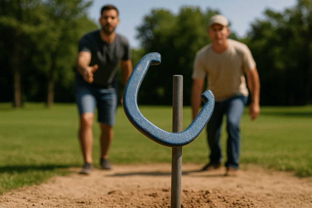 Two men compete in a lively horseshoe game, with one pitching a blue horseshoe mid-flight toward the stake while both watch intently