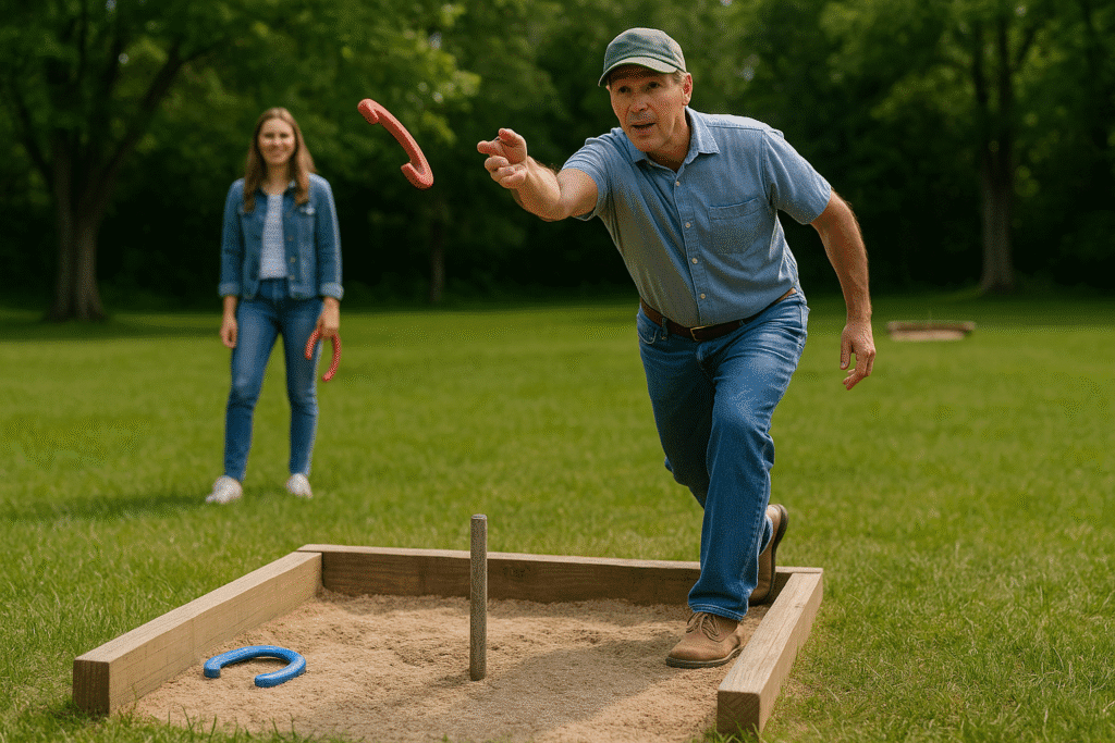 A middle-aged man in a cap throws a red horseshoe toward a stake while a smiling woman watches in the background, both playing on a green backyard lawn with a wooden pit