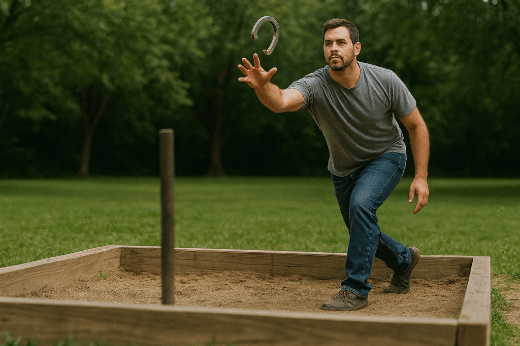 A determined player in a gray shirt pitches a horseshoe with perfect form in a green outdoor court surrounded by trees.