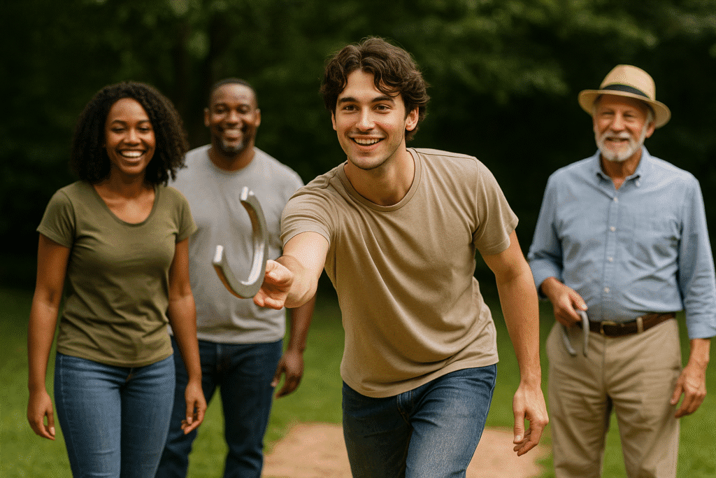 A group of four diverse individuals, including men and women of different ages, playing horseshoes in a sunny backyard during the day.