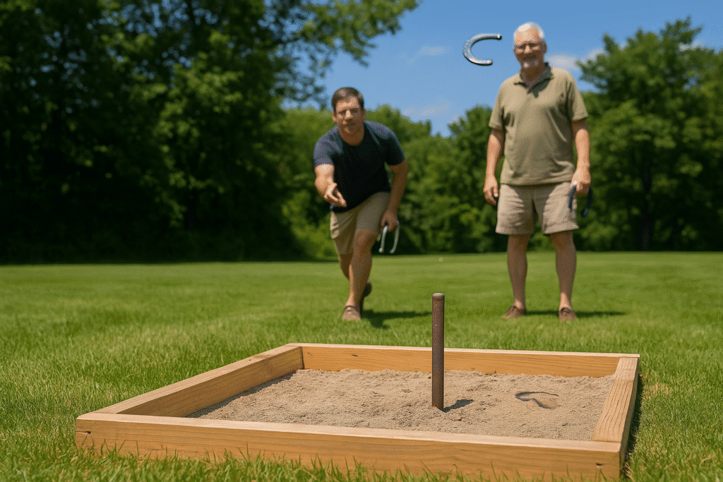 Two light-skinned players enjoy a casual horseshoe game on a well-maintained backyard court, with the pit in the foreground and a tossed horseshoe in mid-air under sunny skies