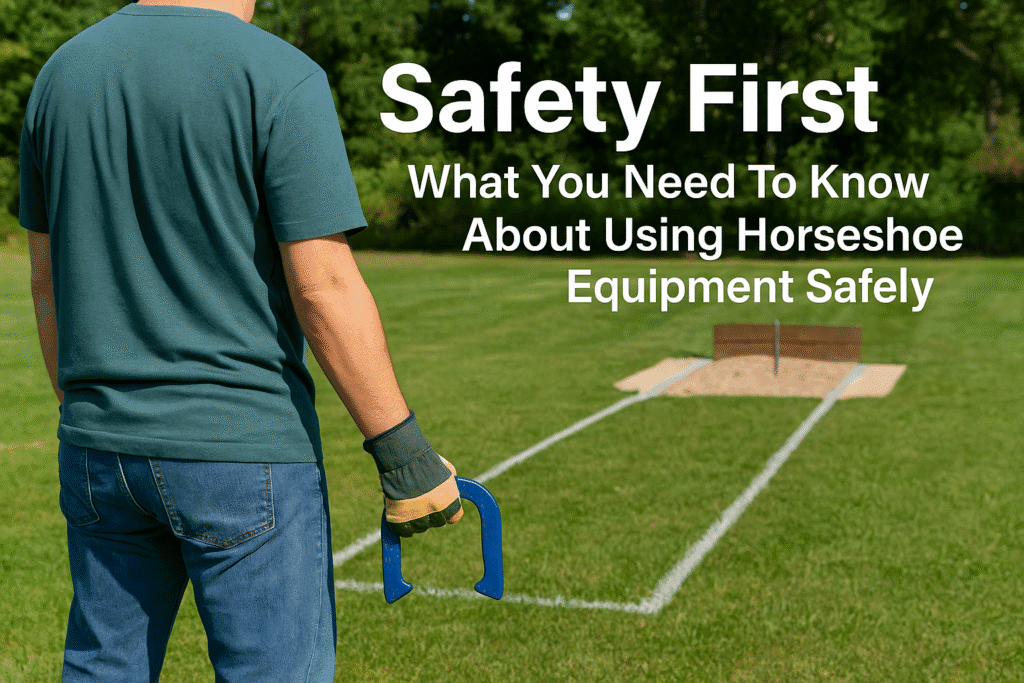A player stands at a properly marked horseshoe court wearing safety gloves, with the article title "Safety First: What You Need To Know About Using Horseshoe Equipment Safely" overlaid in bold white text.