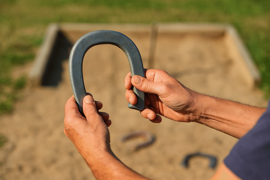 A detailed close-up of a person's hands gripping a blue-gray pitching horseshoe with a sandy pit and scattered horseshoes blurred in the background