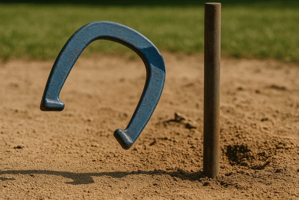 A flying blue horseshoe approaches a worn iron stake in a sandy pit during a sunlit outdoor game, capturing competitive gameplay in motion.